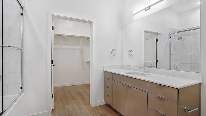 Penthouse bathroom with modern vanity and walk-in closet at Greenside