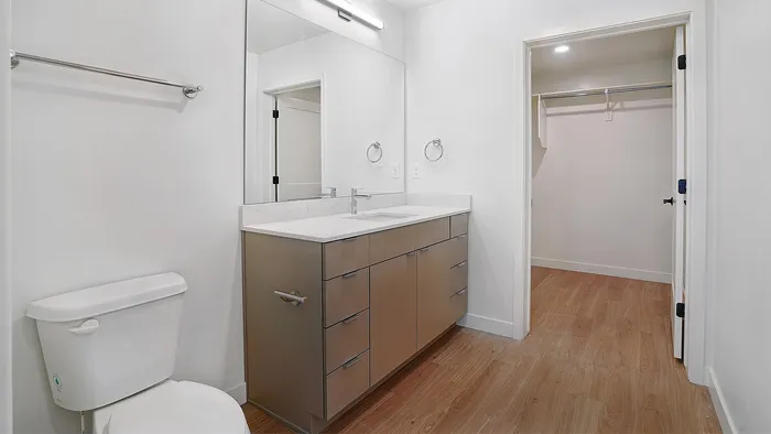 Primary bathroom with vanity and walk-in closet in a Greenside penthouse