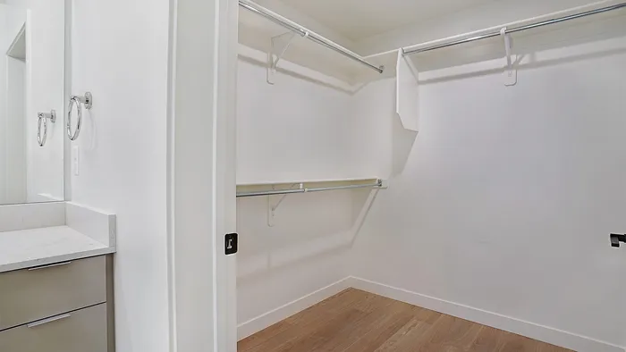 Walk-in closet with hanging storage in a Greenside penthouse