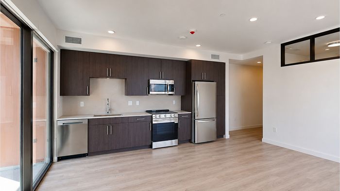 Modern apartment kitchen with stainless steel appliances, dark cabinetry, and quartz countertops at Bissinger & Co.