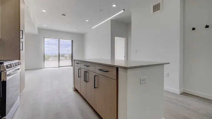 Open-concept apartment with a spacious kitchen island, quartz countertops, and modern finishes at Bissinger & Co.