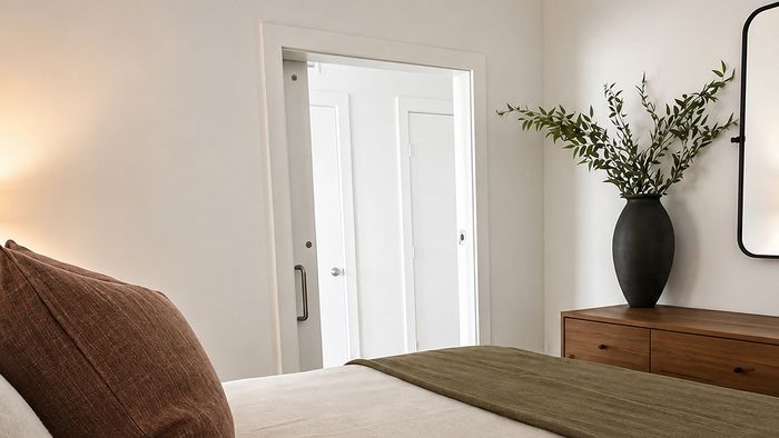 Bright model apartment bedroom featuring modern furnishings, natural light, and contemporary finishes.
