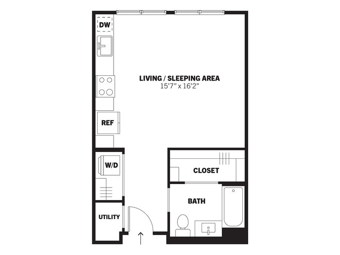 McCarty 2D studio conventional apartment floor plan at Bissinger & Co.