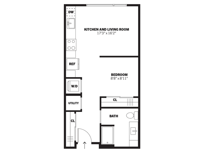 Carter 2D one-bedroom conventional apartment floor plan at Bissinger & Co.