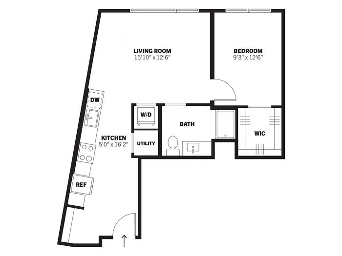 Porter 2D one-bedroom conventional apartment floor plan at Bissinger & Co.