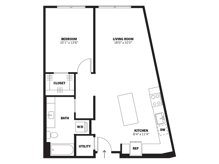 Foundry 2D one-bedroom conventional apartment floor plan at Bissinger & Co.
