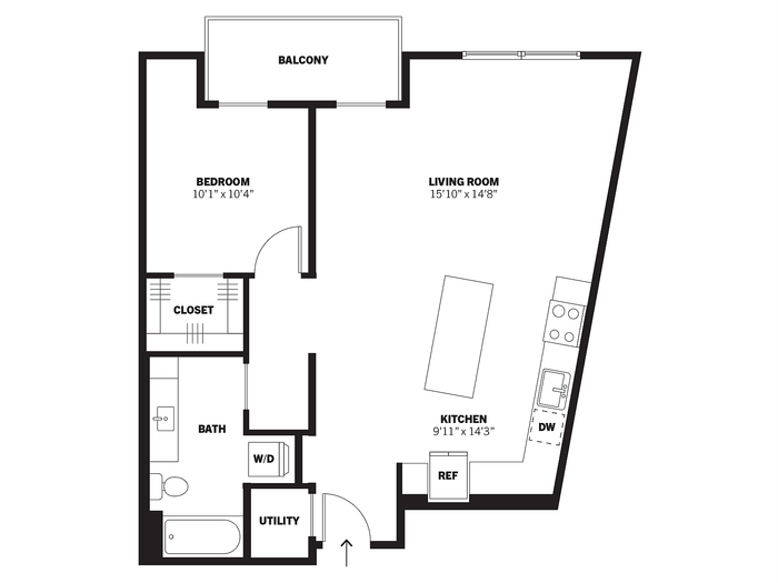 Kiln 2D one-bedroom conventional apartment floor plan with balcony at Bissinger & Co.