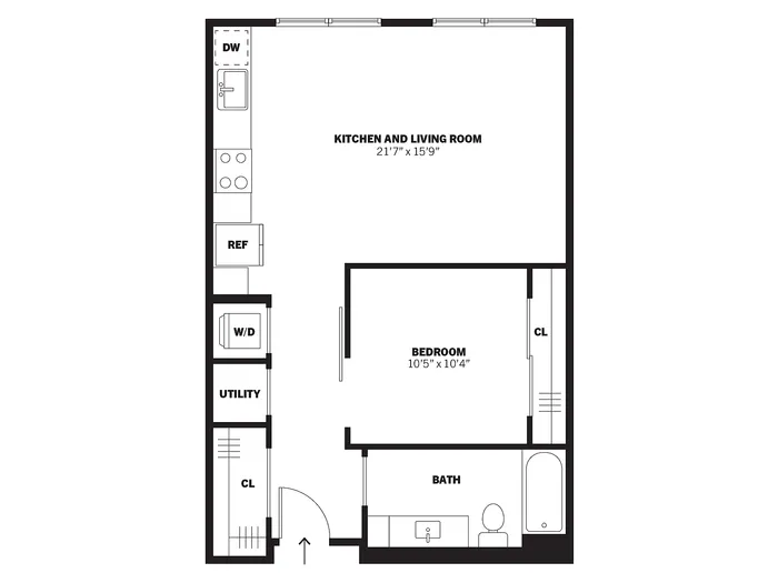 Mason 2D one-bedroom conventional apartment floor plan at Bissinger & Co.