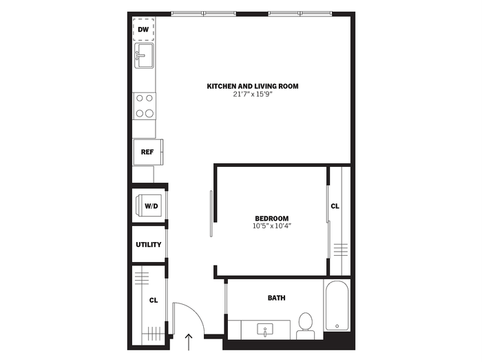 Mason 2D one-bedroom affordable apartment floor plan at Bissinger & Co.