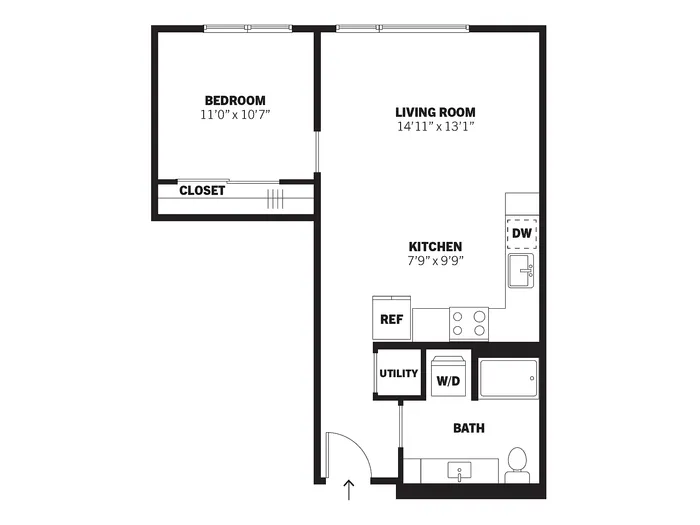 Merchant 2D one-bedroom affordable apartment floor plan at Bissinger & Co.