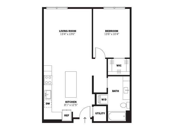 Miller 2D one-bedroom conventional apartment floor plan at Bissinger & Co.