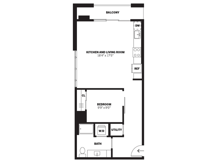 Sawyer 2D one-bedroom conventional apartment floor plan with balcony at Bissinger & Co.