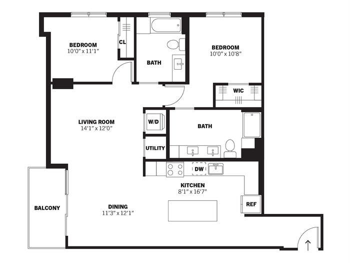 Bamberger 2D two-bedroom, two-bath conventional apartment floor plan with balcony at Bissinger & Co.