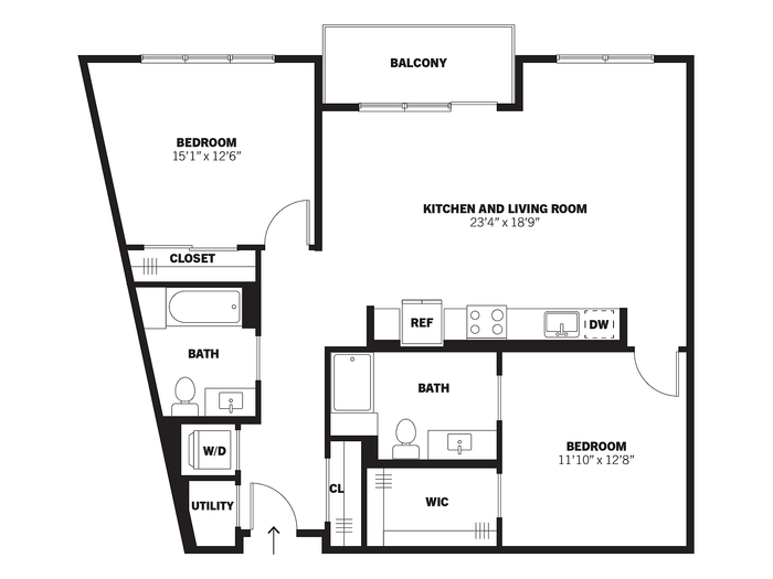 Eccles 2D two-bedroom, two-bath conventional apartment floor plan with balcony at Bissinger & Co.