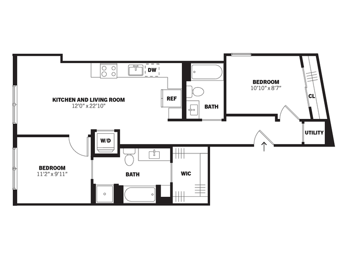 Goodwin 2D two-bedroom, two-bath affordable apartment floor plan at Bissinger & Co.