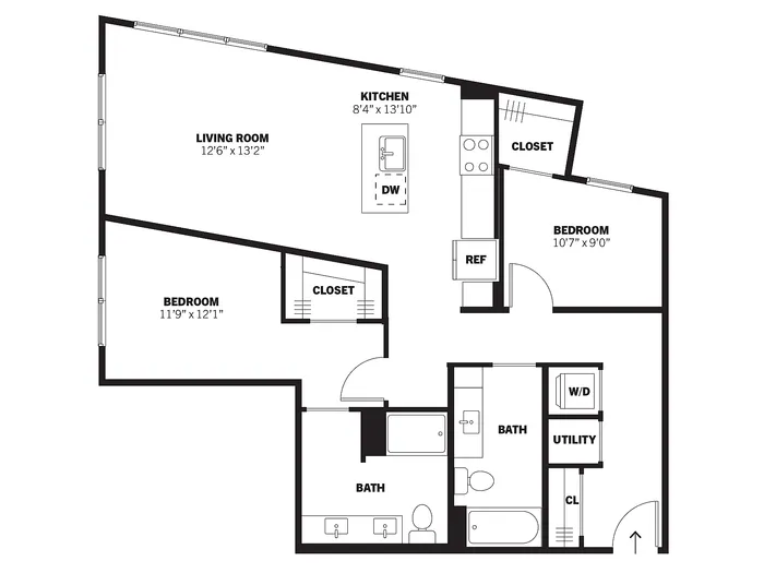 Grant 2D two-bedroom, two-bath affordable apartment floor plan at Bissinger & Co.