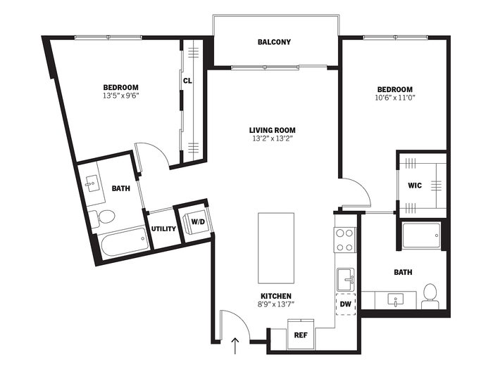 Jennings 2D two-bedroom, two-bath conventional apartment floor plan with balcony at Bissinger & Co.