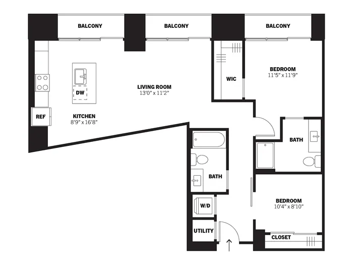 Walker 2D two-bedroom, two-bath conventional apartment floor plan with balconies at Bissinger & Co.