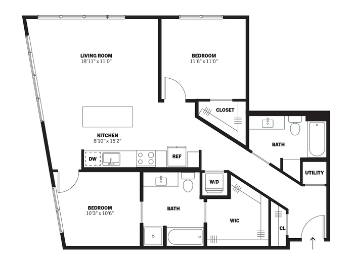 Winter 2D two-bedroom, two-bath conventional apartment floor plan at Bissinger & Co.