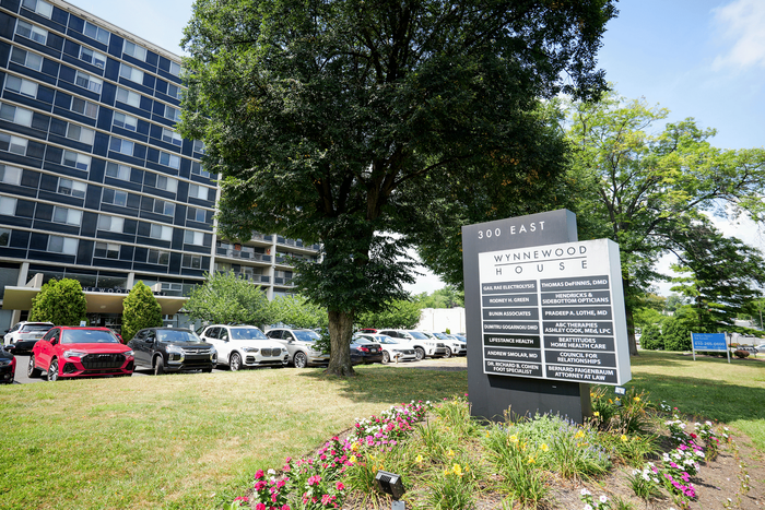 Street-level view of commercial space available at Wynnewood House.
