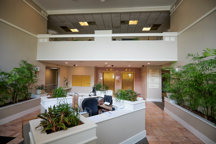 Welcoming front entrance of Wynnewood House apartments.