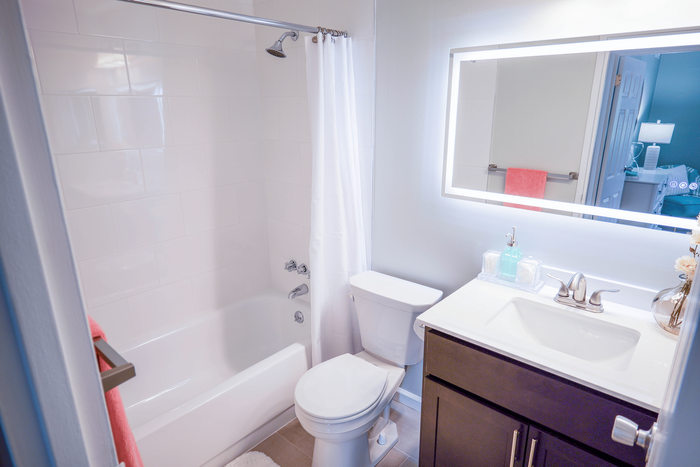 Bright and modern bathroom featuring a sleek vanity, elegant fixtures, and a pristine shower area.