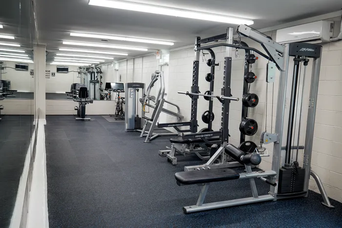 Modern apartment gym with state-of-the-art fitness equipment, mirrors for enhanced workout experience, and sleek design.
