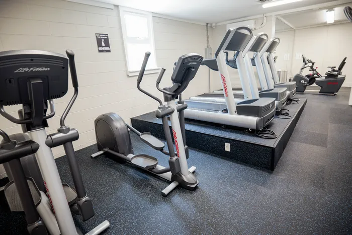 Bright fitness room with modern treadmills, elliptical, and exercise bike, ideal for energizing workouts.