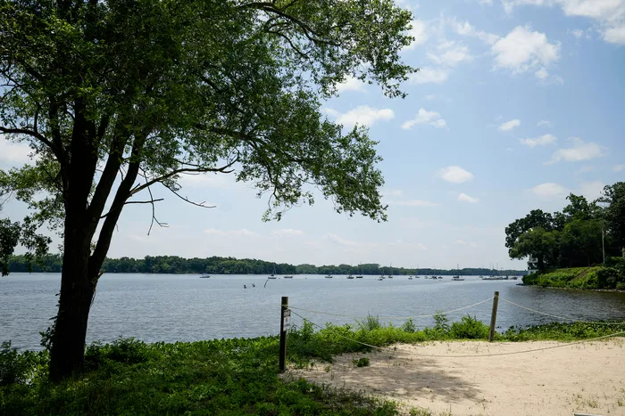 Serene riverside view with lush greenery, a sandy shoreline, and distant boats under a bright blue sky.