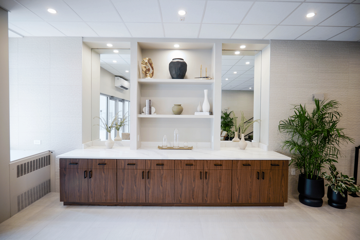 Elegant modern living space showcasing a sleek white counter with wooden cabinets, stylish open shelving, and lush green indoor plants for a refreshing ambiance.
