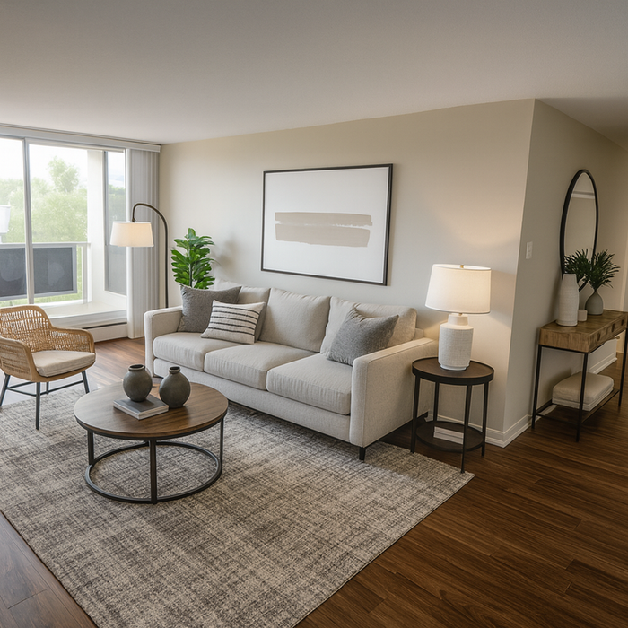 Elegant living room with a cozy sofa, sleek coffee table, and large window inviting natural light, complemented by stylish decor and hardwood floors.