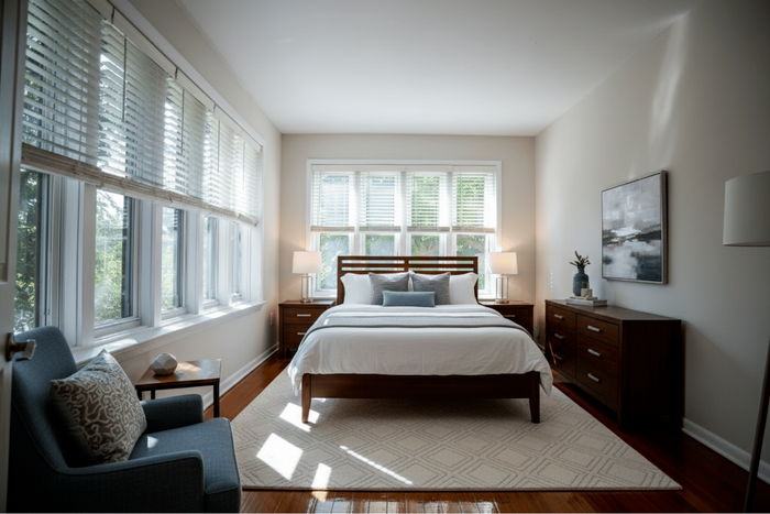 Bright and inviting bedroom with large windows, elegant wooden furniture, and tasteful decor.
