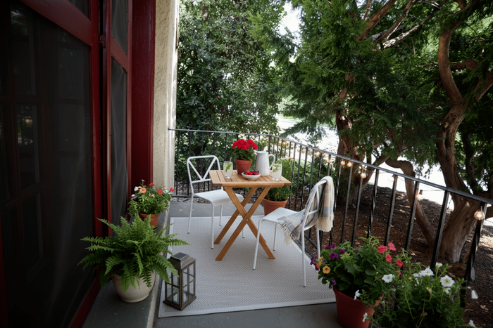 Charming balcony with lush greenery, cozy seating, and a refreshing outdoor dining setup, perfect for relaxing amidst nature.