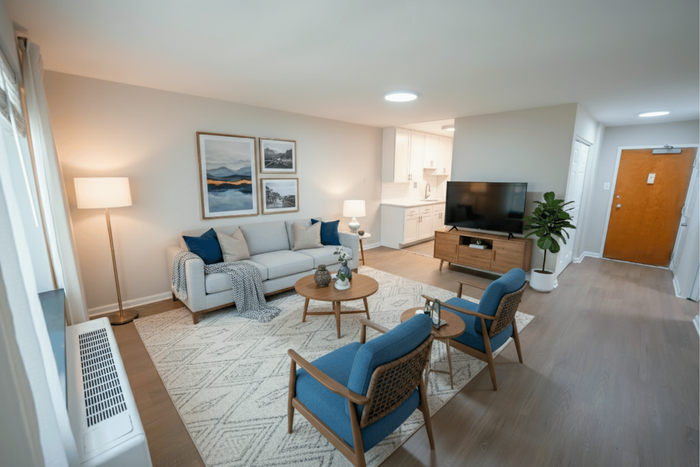 Inviting living room with cozy seating, elegant decor, and a modern open kitchen.
