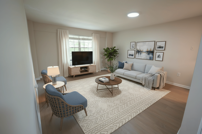 Inviting living room with elegant modern decor, soft beige tones, stylish furniture, and abundant natural light from large window.