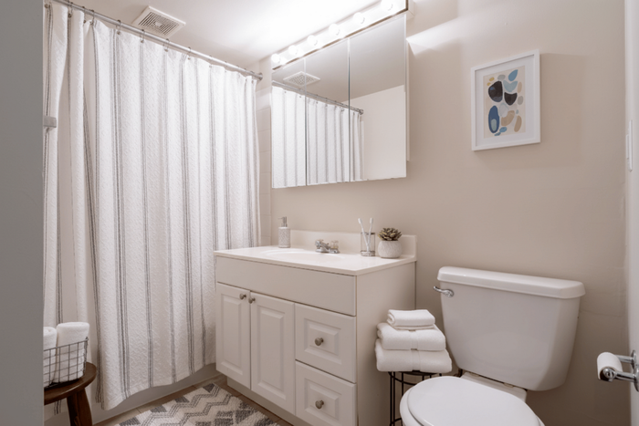 Elegant bathroom with modern fixtures, white vanity, and chic decor, creating a serene and inviting atmosphere.