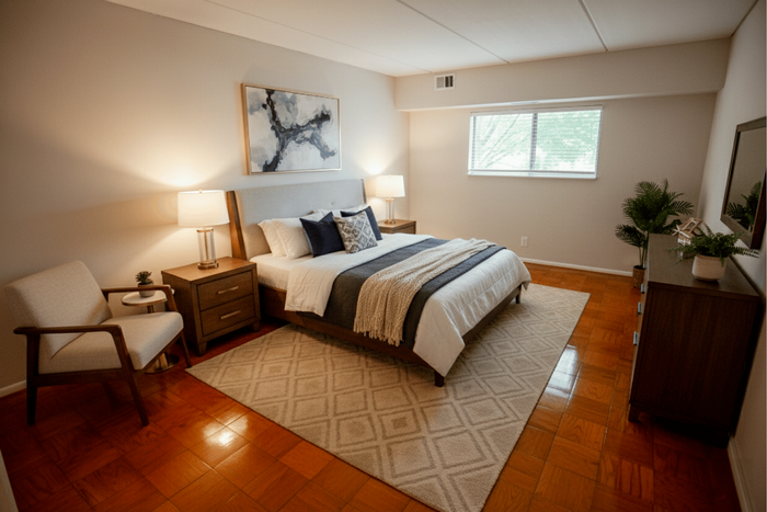 Inviting bedroom with warm wood floors, cozy double bed, stylish decor, and large window with natural light.