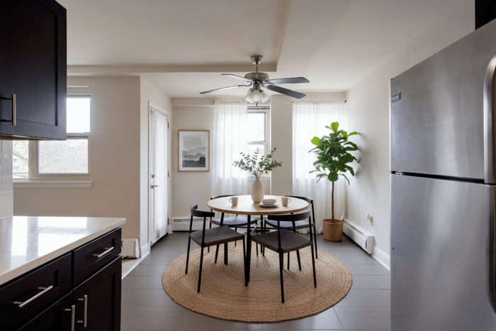 Bright, contemporary kitchen-dining area with sleek stainless steel appliances, a cozy round table, and abundant natural light.