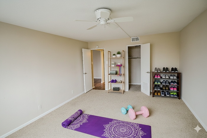 Bright, spacious room with elegant carpet flooring, ceiling fan, and a versatile home gym setup, including a yoga mat and colorful dumbbells, perfect for fitness enthusiasts.