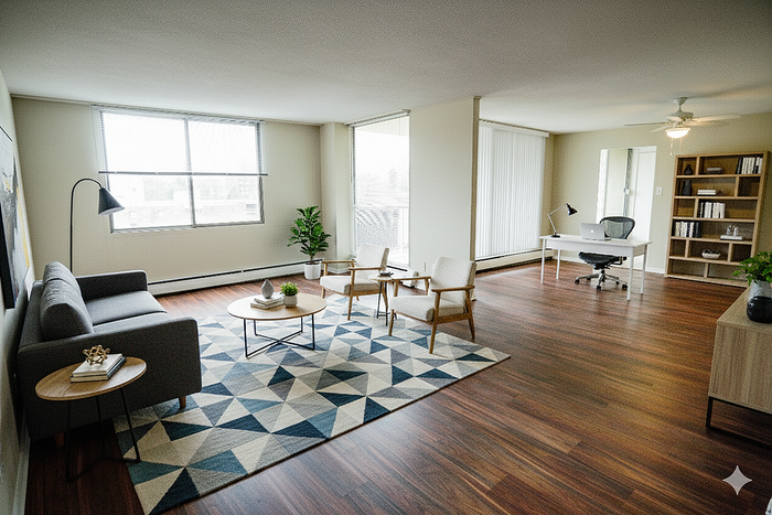 Bright and spacious living area with modern furniture, wooden flooring, and a stylish home office corner offering a cozy, inviting atmosphere.