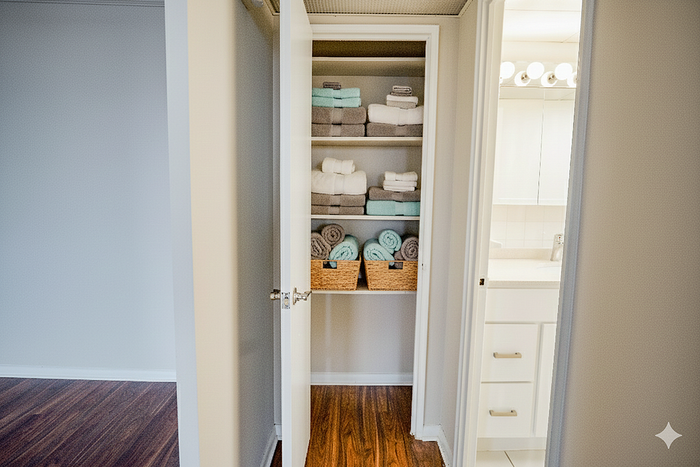 Organized linen closet with neatly stacked towels in a cozy apartment bathroom.