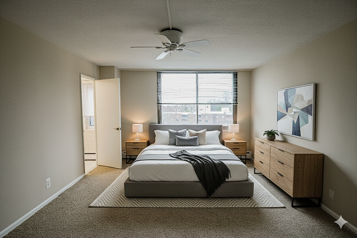 Elegant bedroom showcasing a plush king-size bed, stylish decor, and natural light through large windows.