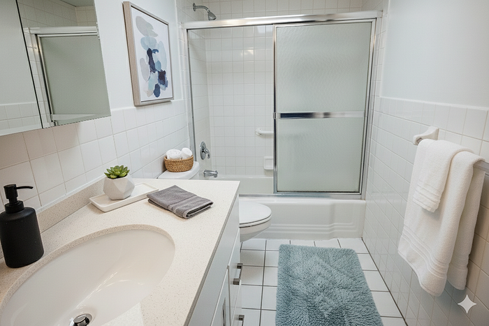 Elegant bathroom featuring a sleek white vanity, modern spacious shower, and soothing teal accents. Perfect for relaxation and style.
