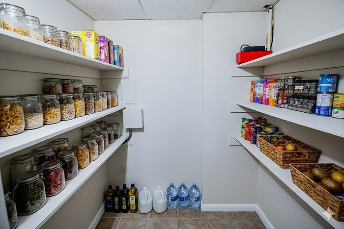 Impressive pantry with organized shelves, featuring neatly arranged jars of spices, canned goods, and baskets of fresh produce.