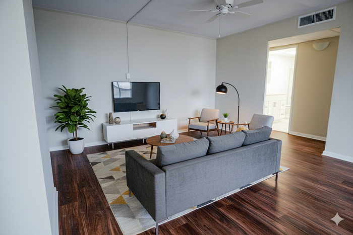 Elegant living room with sleek furniture, hardwood floors, a flat-screen TV, and modern decor for a cozy ambiance.