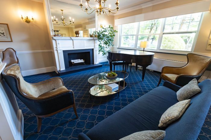 Elegant living room featuring a grand piano, cozy fireplace, and plush seating, bathed in natural light from large windows.