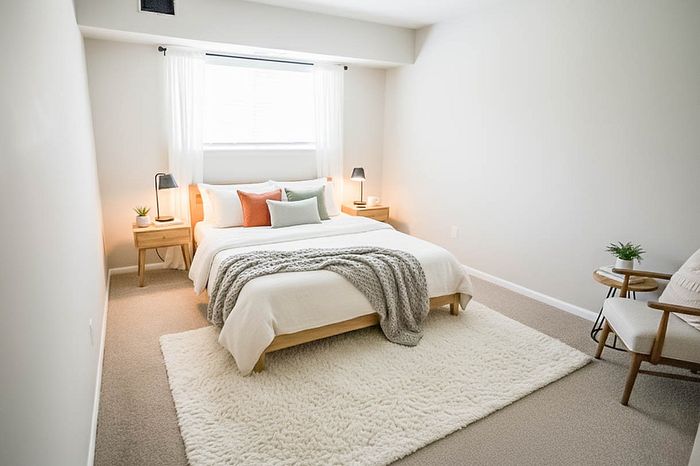 Bright and elegant bedroom with modern decor, featuring a cozy double bed, ambient lighting, and plush carpeting.
