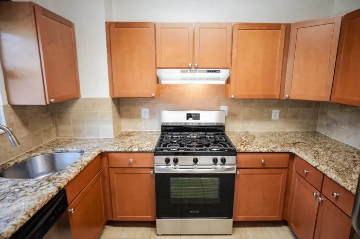 Modern kitchen with sleek granite countertops, warm wooden cabinetry, and a stainless steel gas stove.