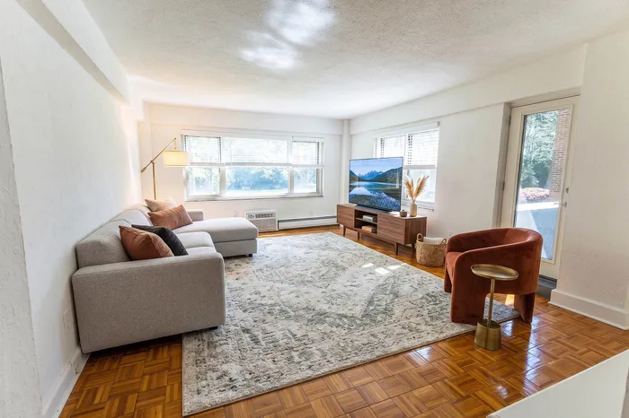 Bright and inviting living room with large windows, cozy sectional sofa, elegant area rug, and modern decor.