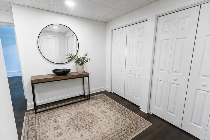 Elegant apartment entryway with a large circular mirror, stylish wooden console table, and decorative vase on a chic patterned rug. Features double white door closets and recessed lighting.